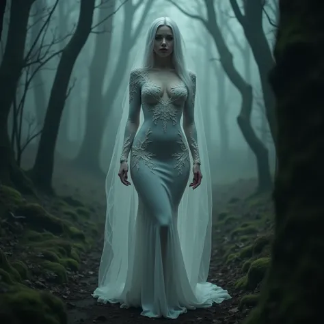  Beautiful woman, ghost costume ,  close to the body, voluptuous, slim,  in the woods, realistic, 8K