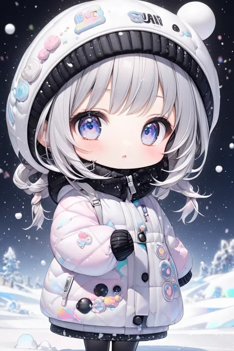 Ultra-realistic Black Star pastel color style, Simple line acronym abstract art, Kawaii design,  The most beautiful girl ever, (((Chibi))), Playing in the snow with 雪うさぎ, 