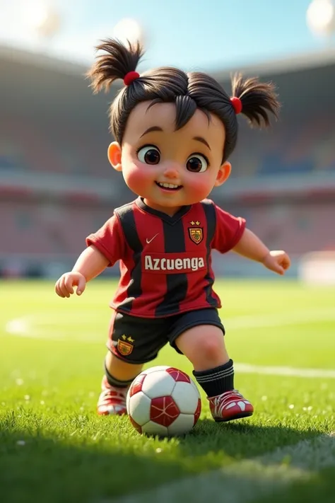 little baby, soccer player create with two braids . Azcuénaga shield and booties  ( dress color red and black 