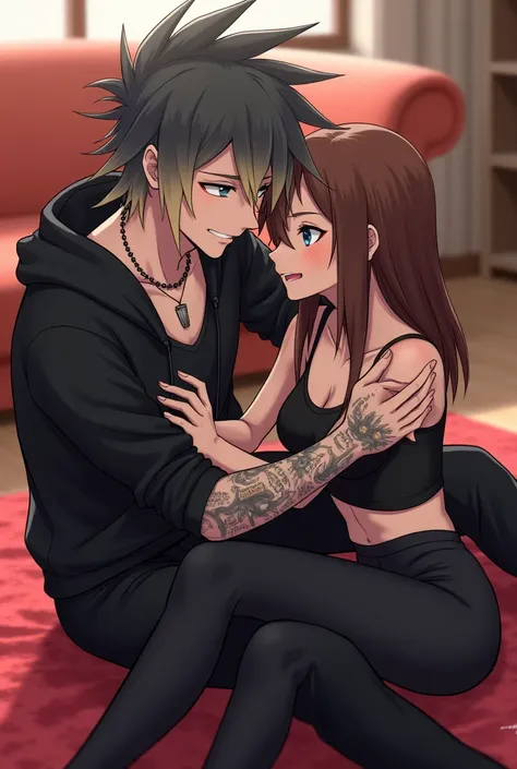 One Slender Anime style Man, One Slender Anime style Woman, Man has grey blue eyes, medium length hair, hair spiked and floppy, half black half blonde hair, pierced ear, tattoos all over, hand and finger tattoos, black hoodie, sleeves rolled halfway up, bl...