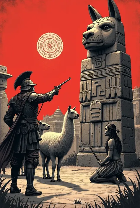 / imagine Monochrome illustration in dark red , old style, depicting the Spanish conquest .  A conqueror in armor with a rifle points at a flock of llama ,  a native kneeling in front of a stone totem with the face of a jaguar.  in the background ,  Inca r...