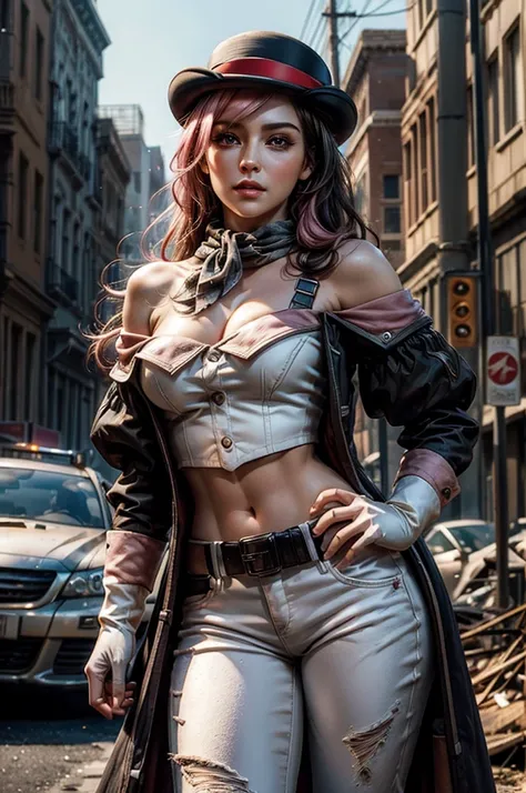 pink and brown hair, multicolored hair, neopolitanatlas, bowler hat, grey scarf, white gloves, white shirt, off-shoulder shirt, black sleeves, midriff, white belt, white pants, outdoors, post apocalyptic scene, future urban, cityscape, buildings in ruins, ...