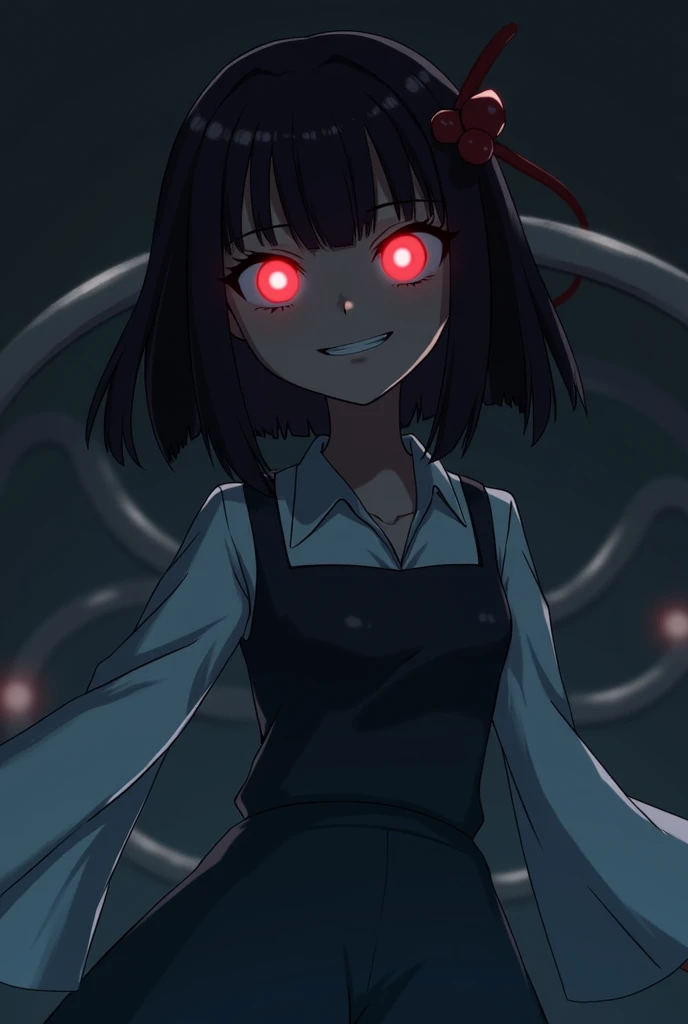 create the creature Rokurokubi’s neck began to stretch. It grew longer, and longer, twisting and bending in ways that were impossible for any normal person. Her eyes glowed red in the dark, and her smile grew wider, almost too wide.