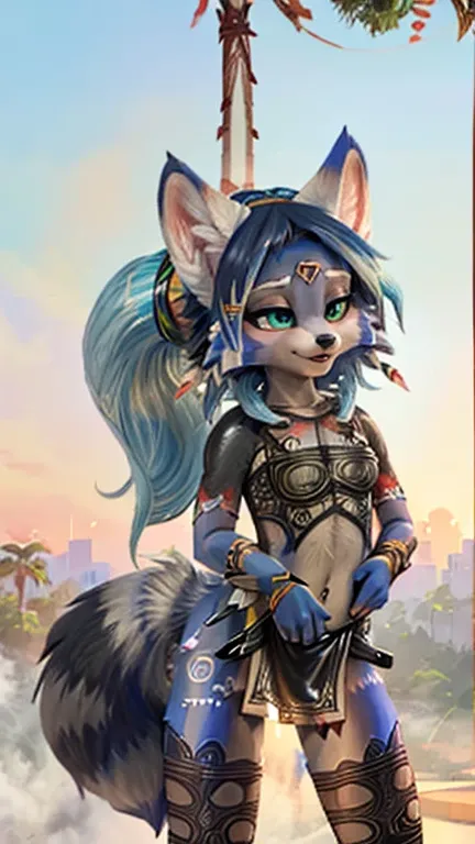  A beautiful and detailed (cute picture) wa ((krystal)), Star Fox-Kristall, sslim, lovable, green eyes,  medium breasts , ((( long blue hair 1 .3))),  (( tips for black hair)), Decollete, Grin, Look up,, anthro, Fuzzy, Uploaded E621, detailed Fluffy fur, (...