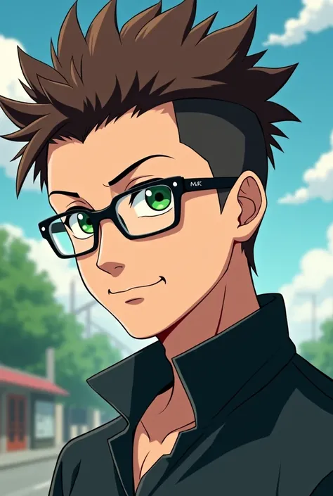 Man with short brown hair curly on top and shaved on the sides he wears glasses and has green eyes in Naruto anime style