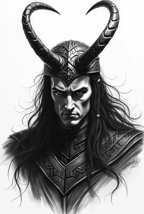 Nordic God Loki drawing in black and white 