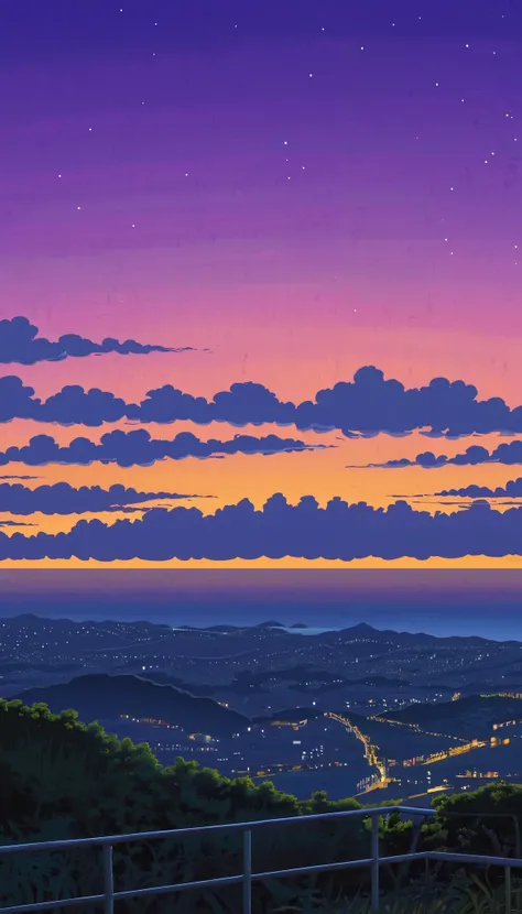 calm and serene night solo cielo , micro-detail lighting, a serene nubes  purple-gray sky!! hypermicrodetail!!! anime professional!!! ciudad en el horizonte!!!!!!!!!  serene, cozy, microdetail!! view incredible anime-realistic colors sunset Ghibli microdet...