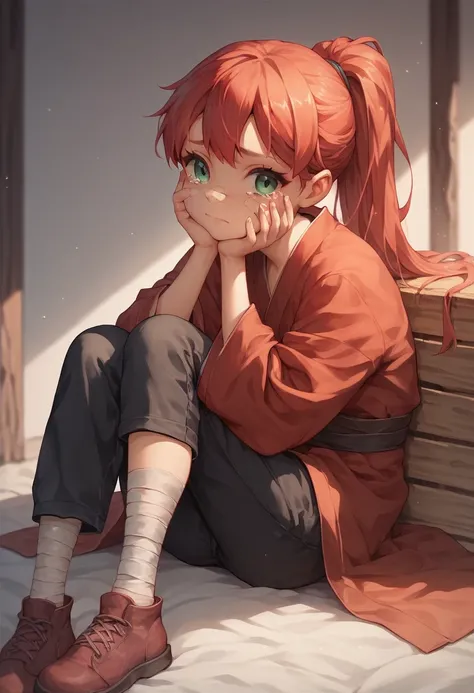 a loli girl,alone,bronde hair,ponytail,red and green eyes,red robe,black shortpants,embrassed face,tears,sitting on storage,hand on cheek,bandage on cheek,bandage on leg,anime style