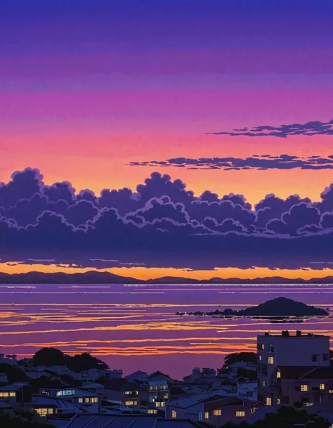 calm and serene night solo cielo , micro-detail lighting, a serene nubes  purple-gray sky!! hypermicrodetail!!! anime professional!!! ciudad en el horizonte!!!!!!!!!  serene, cozy, microdetail!! view incredible anime-realistic colors sunset Ghibli microdet...