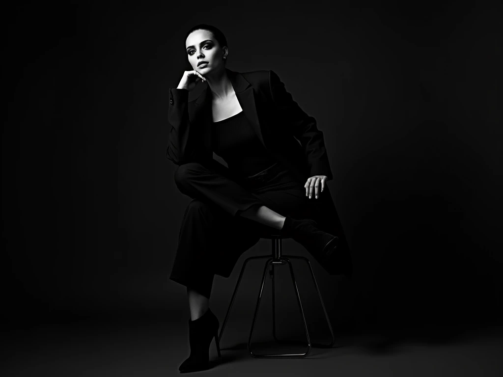 High fashion editorial photo of a striking model, with fierce expression and bold dark makeup, wearing an oversized black structured jacket over a form-fitting top, (seated on a minimalist stool with one leg crossed elegantly:1.3), medium body framing, (dr...