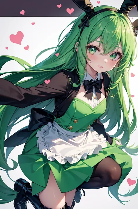  one woman,((Put on bunny ears, cosplay)) Jade Eyes,Bright Eyes,  long hair, Green Maid Outfit ,  black boots,Knee,  very cute ,  very smiling,Front, background(ピンクのbackground,  lots of hearts ) Super Anime Style, a masterpiece,Shining Edges
