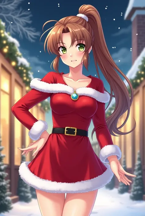 Christmas anime background adult woman long brown hair tied in a high ponytail green eyes face identical to Makoto Kino wearing a short red dress in the Santa Claus style full body image