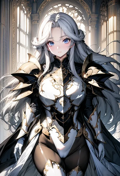 (solo),1girl,anime face,Azur Lane style,cowboy shot,A beautiful face with perfect makeup,Curvy body,stifled laugh,((Luxurious and majestic royal knight armor high leg leotard)),((matte black high leg body suit)),((large golden shoulder armor)),(breastplate...