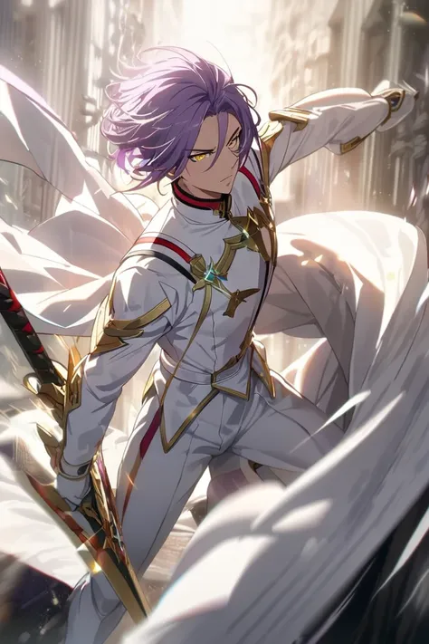 (((Julius Juukulius))), male character, anime style, dynamic movement, full body shot, knight character
(short purple hair:1.5), luminous tones, hair styled precisely, (intense golden eyes:1.4), determination, sharp dynamic gaze
(pure white uniform:1.6), e...