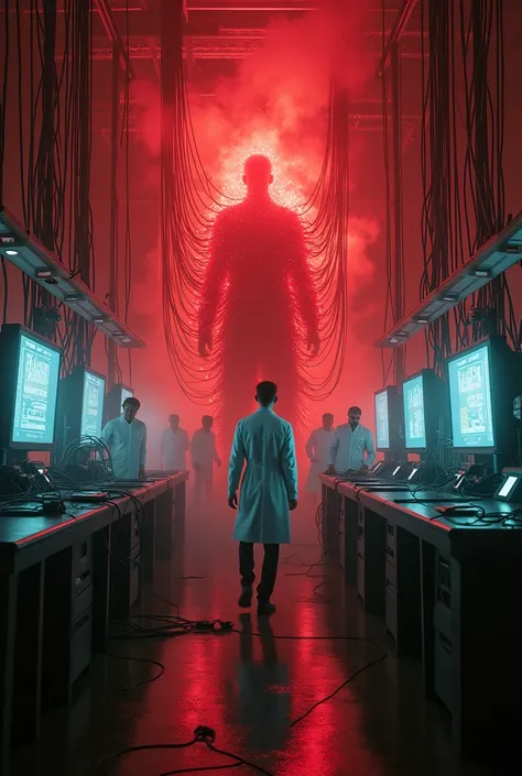  A vast laboratory shrouded in chaos :  scientists in white coats run frantically between tables full of luminous screens ,  serpentine cables and scientific equipment .  The lighting of the room is dim ,  dominated Because of the sinister red glow that em...