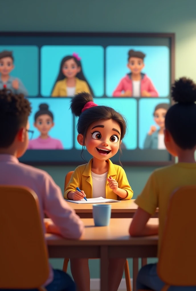 Dayana is shown actively participating in a virtual class .  On the screen there are classmates from different regions of Colombia and a tutor explaining concepts. animation
