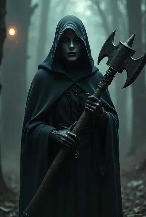 a black cloaked witch, sister grimm, grey lips, holding a spiked mace, eyes covered by cloak hood