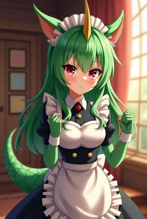 anime, HDR, soft light, (( Best Quality )), ((masterpiece)), (detailed), Lustyargoniano ,  maid , colorful skin, green skin,  maid  headdress, tail, horn, (scales:1.2), (muzzle, animal nose :1.1), Blush, embarrassed, ( looking at the viewer:1.1), cowboy sh...