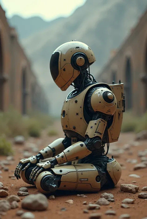  there is a robot that is sitting on the ground on the ground,  a photo inspired by George Lucas  , tendência no polycount, Digital Art, R2d2, r 2 d 2 ,  hyper-real highly detailed 8 k ,  high-quality 4k wallpaper ,  detailed cinematic shot , still 8K movi...