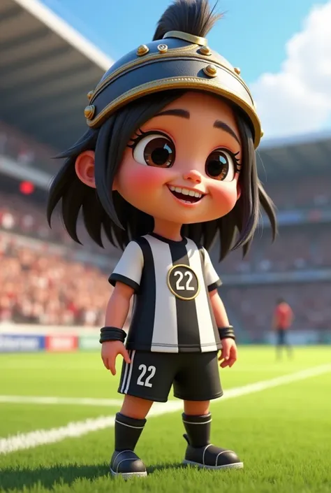 Baby babe soccer player animated version.  dressed in black and white! With ankle boots and gladiator helmet. without gloves ( with the number 22 )  name of the player Luana  