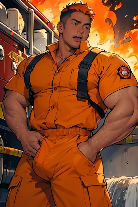 1 person, masterpiece, best quality, perfect anatomy, high detailed, (((Fire Fighters))), japanese, sexual ecstasy, stick out tongue, (chubby:1.1), (((fire fighter uniform with all orange))), showing off his big chest, sunburned dark skin,  muscular bulky ...