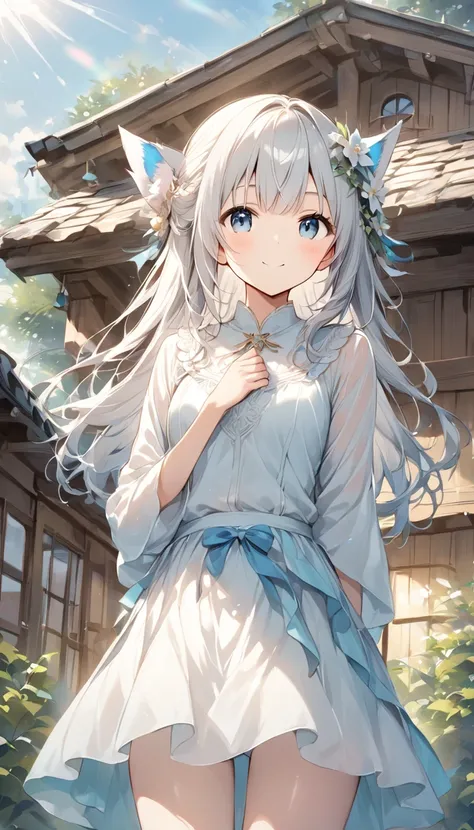  girl、White Toso 、Led, long hair、Beautiful Hair、Partial braids、 he stares at me with a strange expression.cute、 blue eyes、outside、 Shy Facing 、village、Wooden House、 girl、 has a nice smile、 they are dancing、、(Panties visible )、 chandeliers 、Sunlight shines ...