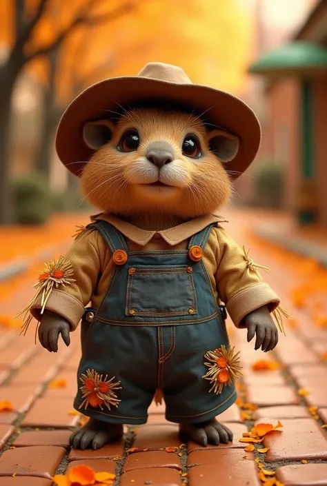 Capybara baby wearing a very detailed and realistic scarecrow costume from the famous wizard Oz, On an orange cobblestone street .