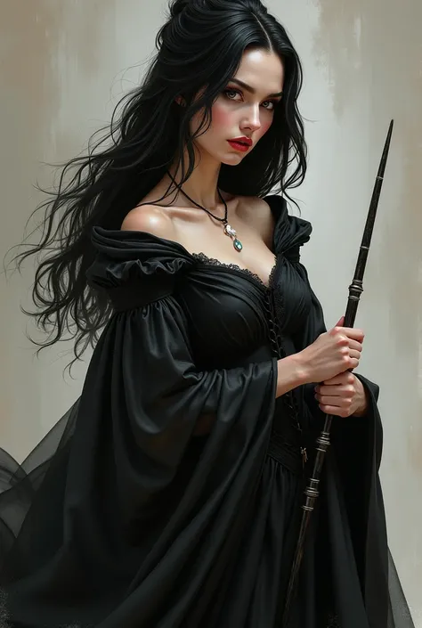 draw DELPHINI RIDDLE LESTRANGE, LORD VOLDEMORTS DAUGHTER, IN HER PRIME, BLACK HAIR WITH WHITE HIGHLIGHTS, ELEGANT DRESS TUNIC, HIGH HAIRSTYLE, BEAUTIFUL, DEFIANT, WITH WAND IN HAND, BEAUTIFUL SENSUAL