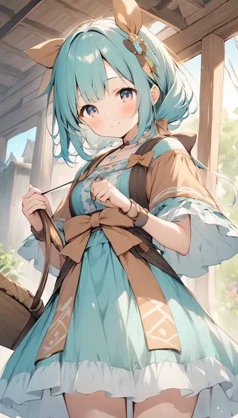    holding a wooden bow bright lines and soft colors create a dreamy effect., A fleeting impression.., one woman 、Girl with a wooden bow    、I have a wooden bow、cute、  Fantasy Villagers 、Background white、 pee 