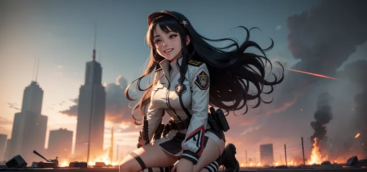 Masterpiece, top quality, ruined city and fire in the background, anime girl in uniform kneeling on the ground, white Nazi SS Militari, 4K manga wallpaper, BLEACH, Exterminator, Shalltear Bloodfallen, badass anime 8K, gapmoe yandere, yandere, albedo from A...