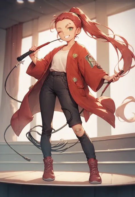 a loli girl,alone,bronde hair,ponytail,red and green eyes,red robe,black shortpants,bandaid on forehead,bandaid on knee,winking,smile,standing on stage,have whip,japanese comic style