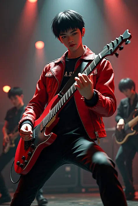 Medium build male with short black hair wearing black shirt with black pants and red jacket playing guitar with second guitarist and bass player and drummer facing the camera realistic 