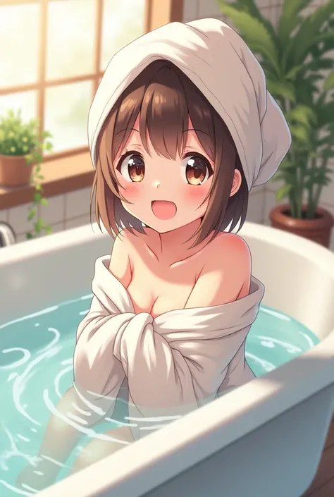 Seems like a good bath day
An anime-style image of a cute girl wrapped in a towel and soaking in the bath up to her shoulders
Im laughing and looking over here