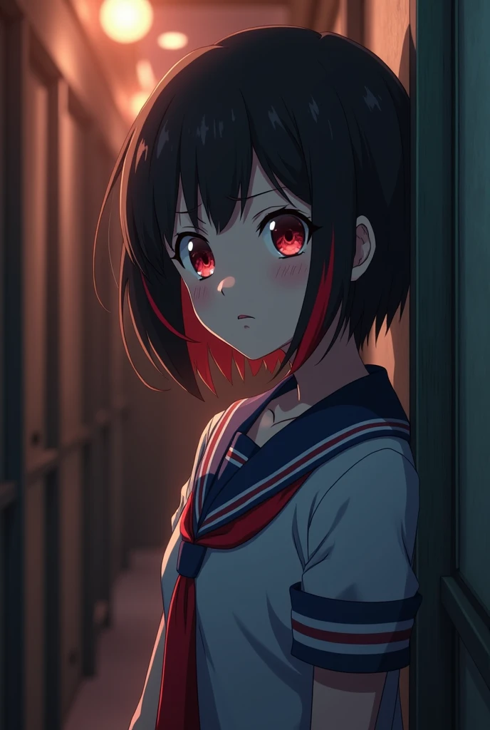 Screenshot from the anime Boku no hero academia,  girl, short straight black hair with red streaks, side of hair a little longer than the rest, slanted eyes, crimson red eyes, pretty eyelashes, confused expression,wearing a grey uniform, red tie, leanging ...