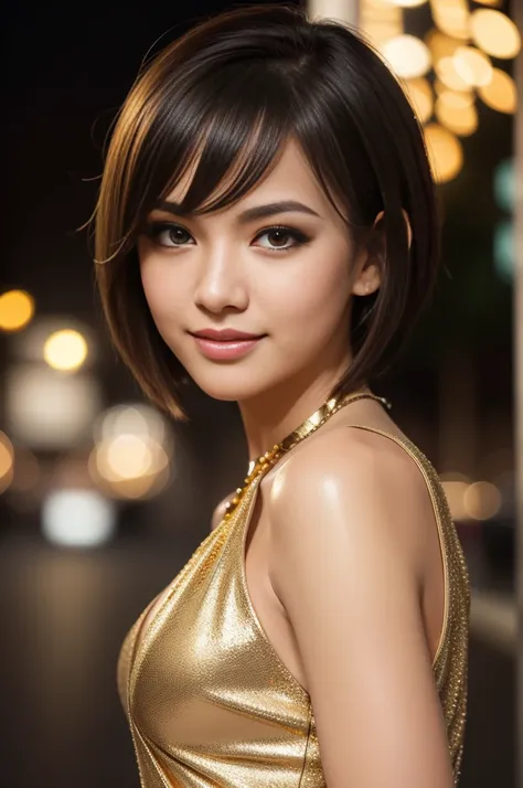 idol、shiny lip gloss、smiling face、smoky eyeshadow、winged eyeliner、((dramatic lashes))、full body portrait、sexy dress（gold)、sexy high heels（gold)、multicolor short hair、conceptual art, High quality, Realistic, extremely detailed CG unified 8k wallpaper, highl...