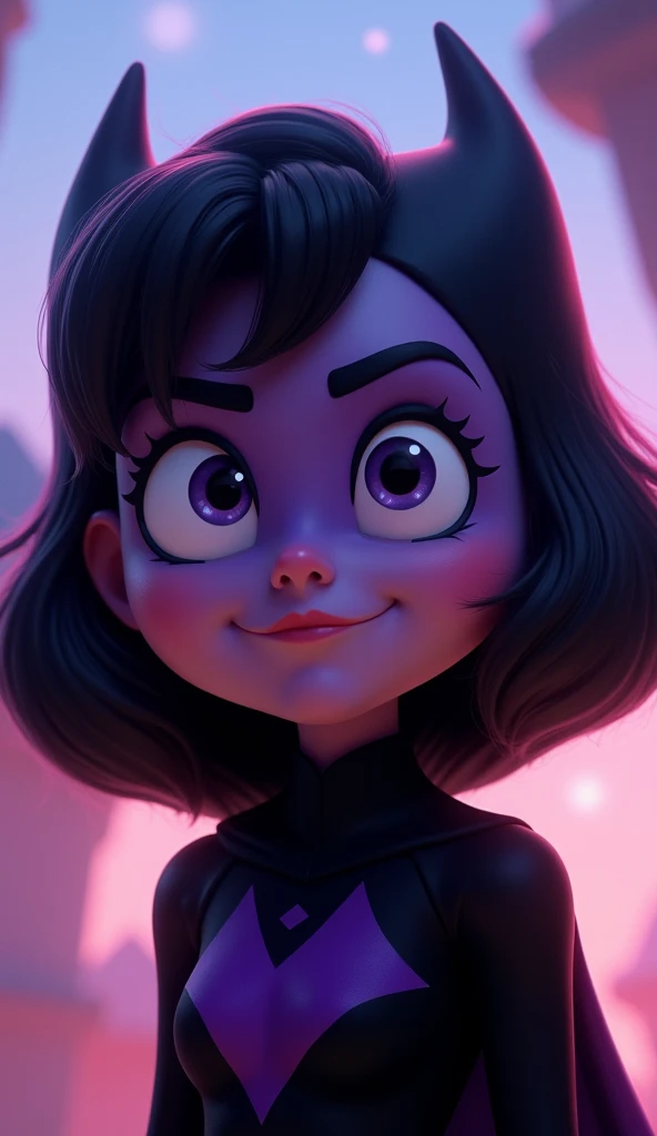 Create a Pixar-style image of Raven from Teen Titans. The character should have an expressive face with big, innocent eyes and a soft, endearing atmosphere.