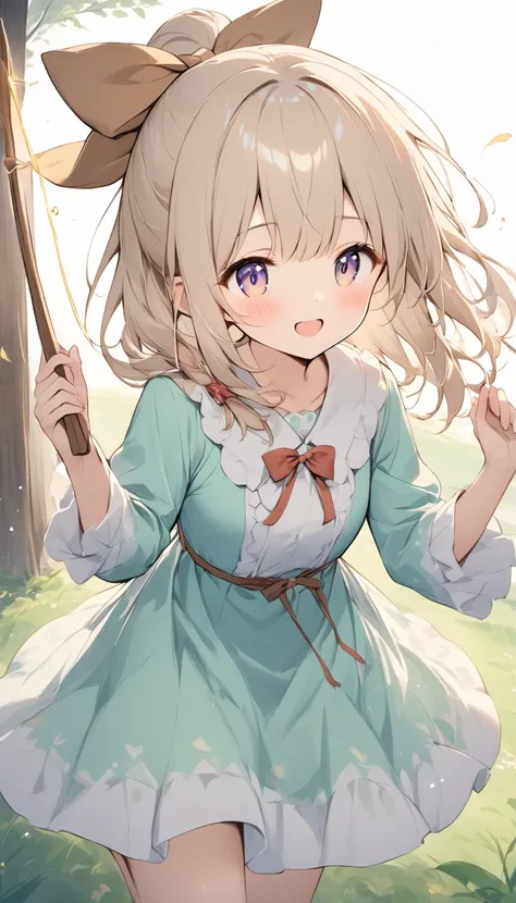    holding a wooden bow bright lines and soft colors create a dreamy effect., A fleeting impression.., one woman 、Girl with a wooden bow    、I have a wooden bow、cute、  Fantasy Villagers 、Background white、 pee 