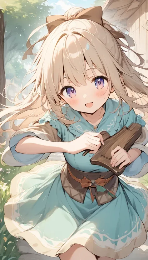    holding a wooden bow bright lines and soft colors create a dreamy effect., A fleeting impression.., one woman 、Girl with a wooden bow    、I have a wooden bow、cute、  Fantasy Villagers 、Background white、 pee 