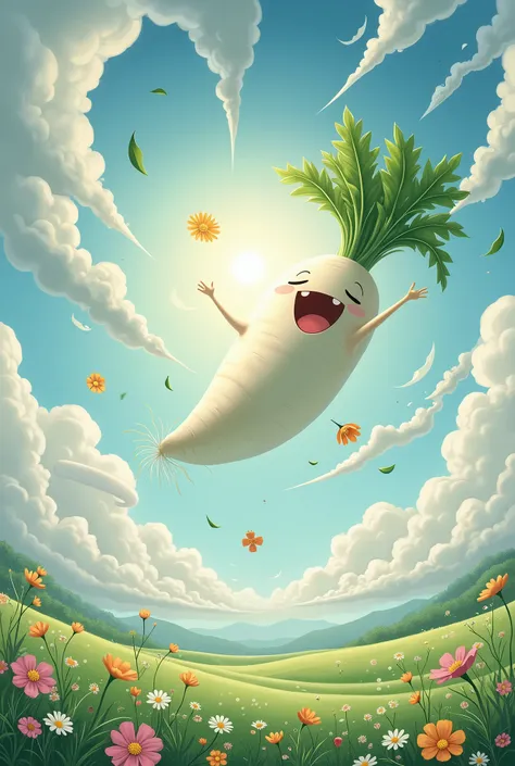 Masterpiece, best quality, intricate detailed,. Japanese white radish, happily spinning leaves in the sky, swirling clouds, sun, idyllic landscape below, flower field.
