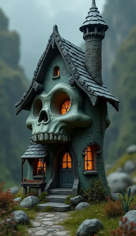 Small stone house printed in 3d, Tim Burton STYLE, twisted, with skull