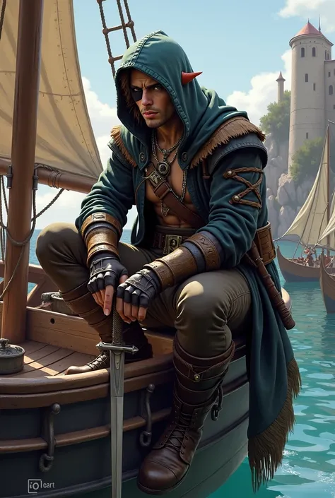 Half man half orc , early 20s, rogue swashbuckler , fungeons and dragons, hooded pirate outfit , one eye patch, rapier sword , sat line on boat in harbour, High Resolution, Renaissance, 