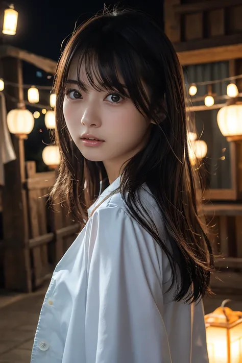 中華windの衣装を着た美女　 with lots of lanterns in the background 　Holding a folding fan　Beautiful and pretty eyes 　 Japanese　Realistic　 hair fluttering 　wind