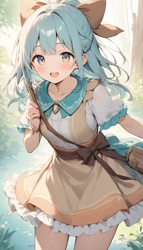    holding a wooden bow bright lines and soft colors create a dreamy effect., A fleeting impression.., one woman 、Girl with a wooden bow    、I have a wooden bow、cute、  Fantasy Villagers 、Background white、 pee 