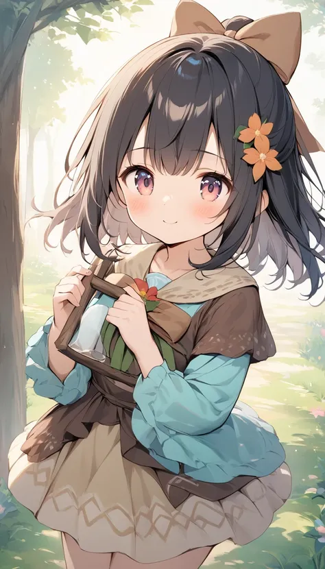    holding a wooden bow bright lines and soft colors create a dreamy effect., A fleeting impression.., one woman 、Girl with a wooden bow    、I have a wooden bow、cute、  Fantasy Villagers 、Background white、 pee 