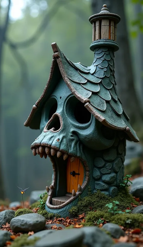 Small stone house printed in 3d, Tim Burton STYLE, twisted, with skull