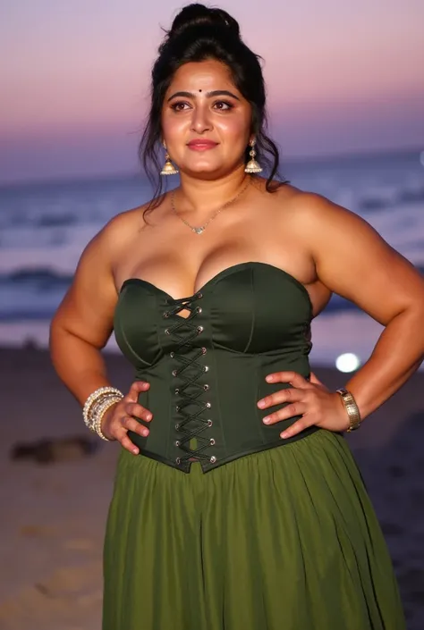 ((Indian 45 year old  milf)), standing ,curvy round cheeks, ((having big perfect round tits,big thick ass,having hour glass figure)),((facing camera)), ((Wearing strapless green corset with tight short pleated skirt exposing cleavage )),((perfect round big...