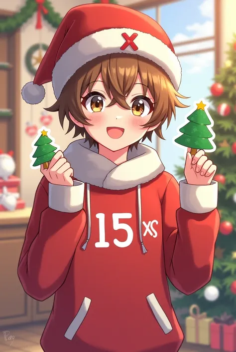 Male anime-style character with brown hair with brown eyes with written Christmas cap "XS"  with red and white details . Christmas sweatshirt written  "15 Xs "  with red and white details with Christmas tree stickers