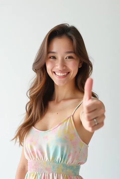 Smiling young woman thumbs up, pastel colour dress , white background , realistic photography 