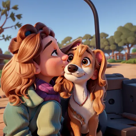 disney pixar art cartoon style, woman kiss dog