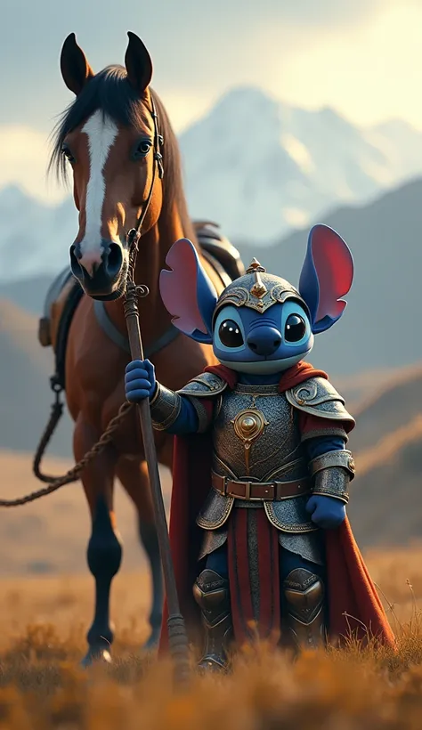 Image of Stitch wearing warrior armor next to a horse in 4k cinematic.